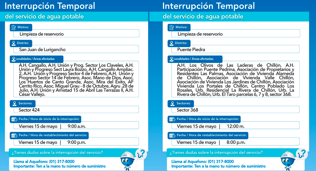 Sin agua el 15 de mayo: zonas afectadas.