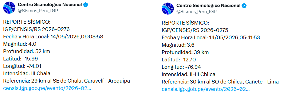 Sismos sentidos en Per� este 14 de mayo, seg�n el IGP.