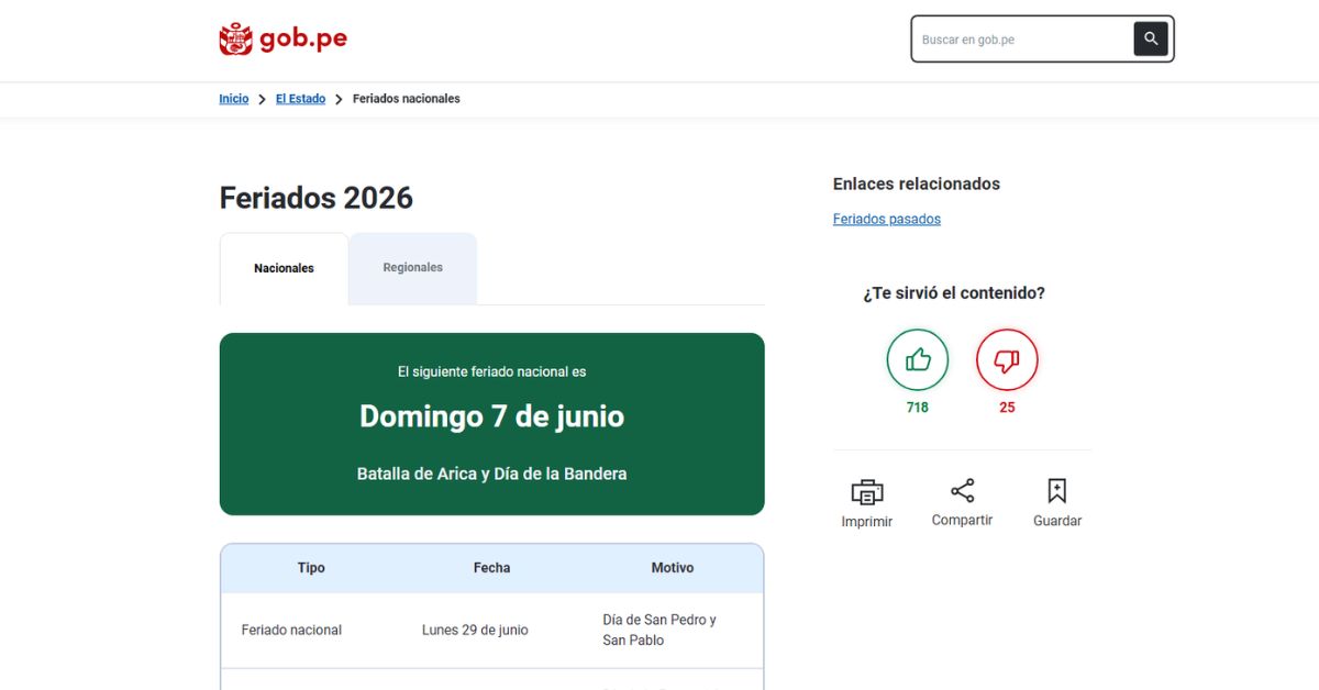 Apartado dentro de la Plataforma del Estado Peruano que contempla todos los feriados nacionales dentro del a�o 2026.