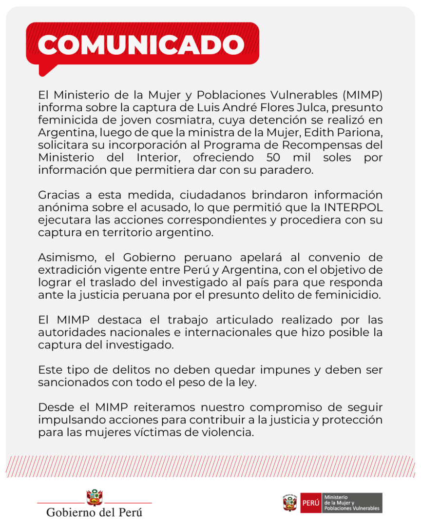 Comunicado del Ministerio de la Mujer y Poblaciones Vulnerables