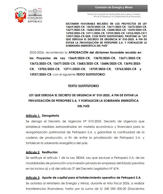 Texto sustitutorio de la Comisi�n de Energ�a y Minas.