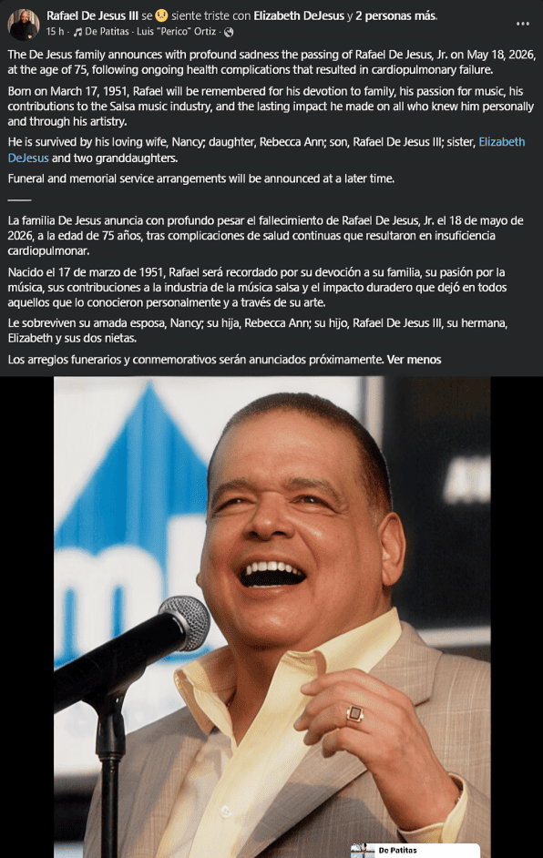 Publicación del hijo de Rafael De Jesús en la que confirma la muerte de su padre