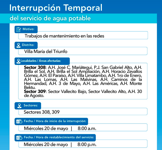 Zonas sin agua de forma temporal el mi�rcoles 20 de mayo.