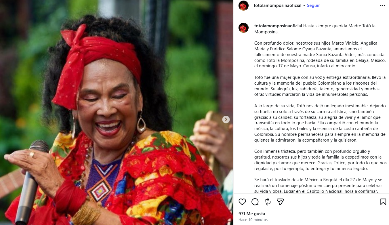 Hijos de Tot� La Momposina le dan el �ltimo adi�s a la cantante de m�sica folcl�rica colombiana.
