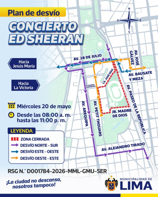 ATU anuncia desvíos por concierto de Ed Sheeran en el Estadio Nacional.