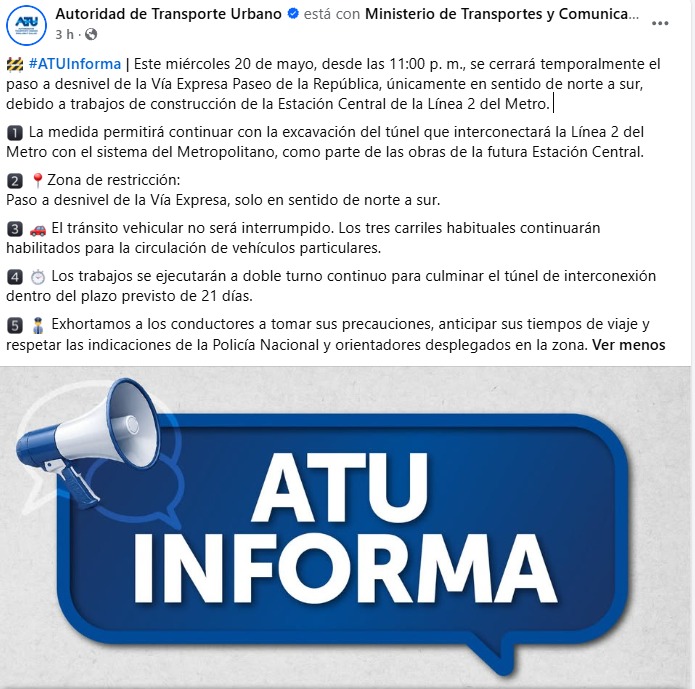 ATU confirma cierre temporal del acceso a la Vía Expresa.