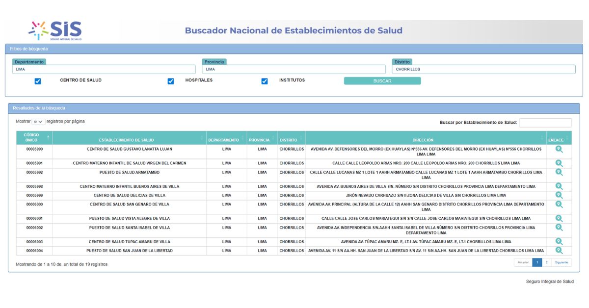 Página web del SIS en el que está el Buscador Nacional de Establecimientos de Salud