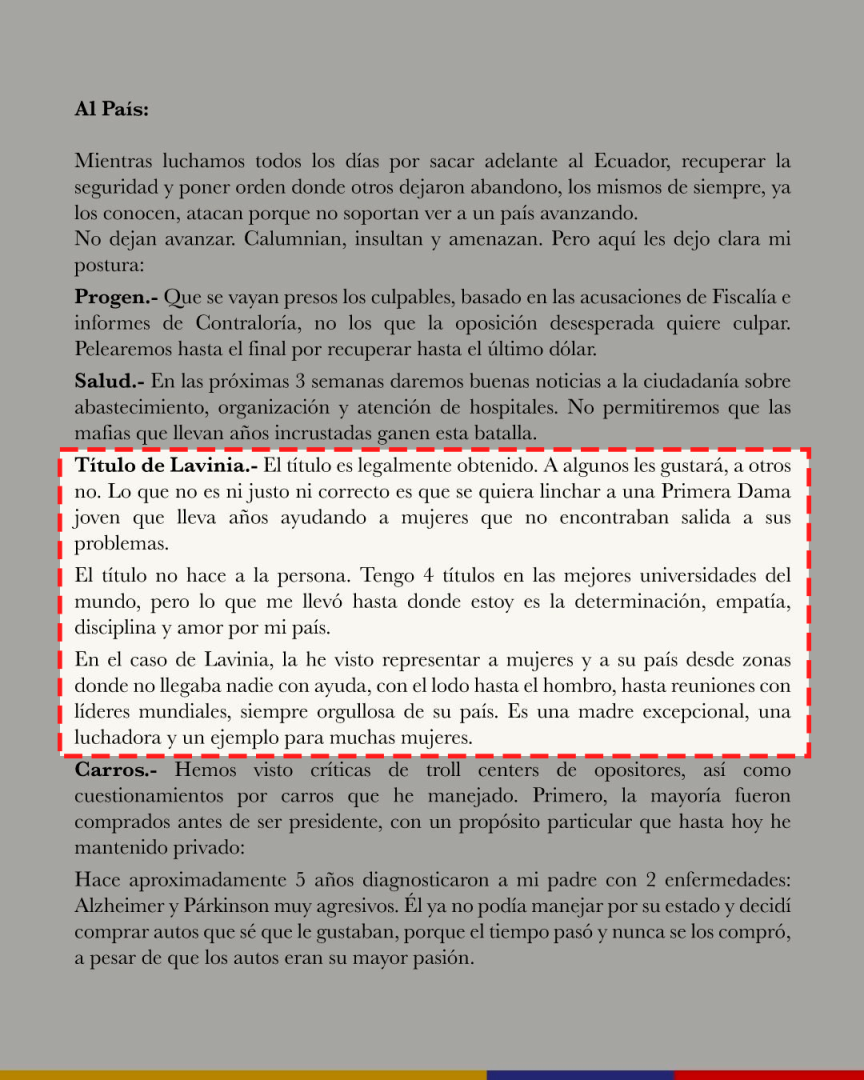 Carta de Daniel Noboa al país.