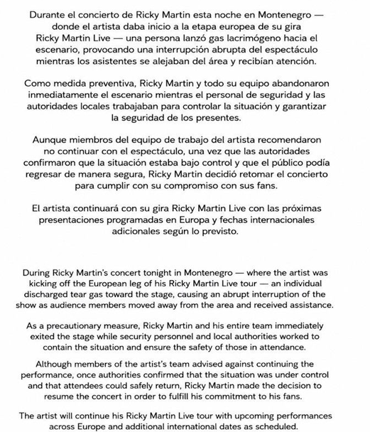 Comunicado urgente de Ricky Martin tras el ataque sufrido en pleno concierto.