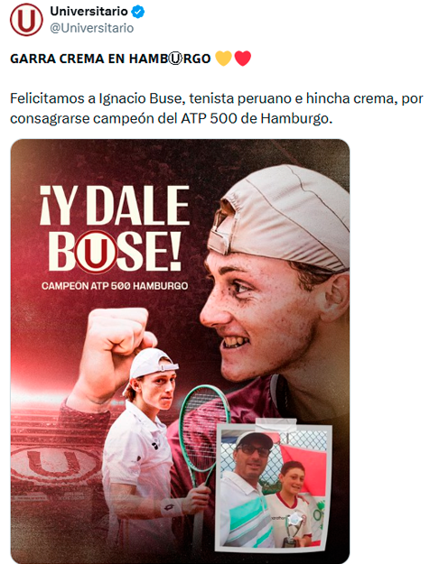 La 'U' felicita a Ignacio Buse por ganar título del ATP 500 de Hamburgo.