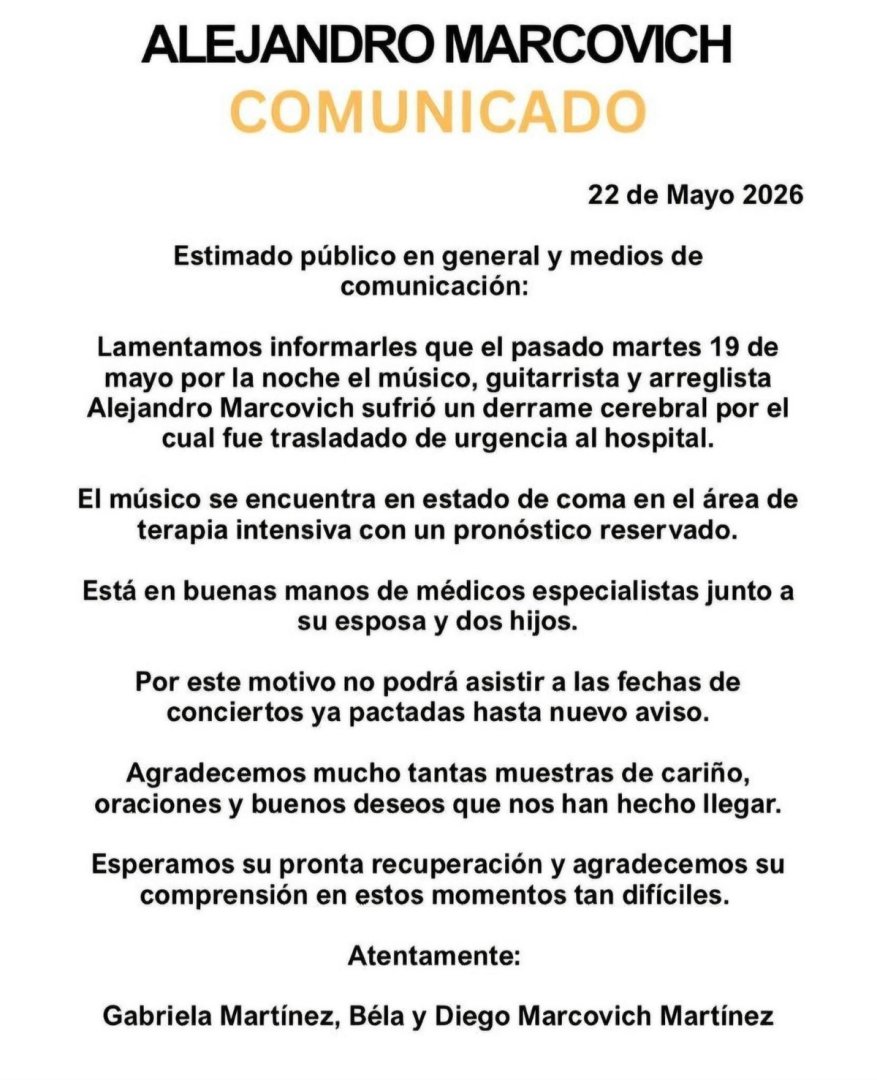 Comunicado sobre el estado de salud de Alejandro Marcovich