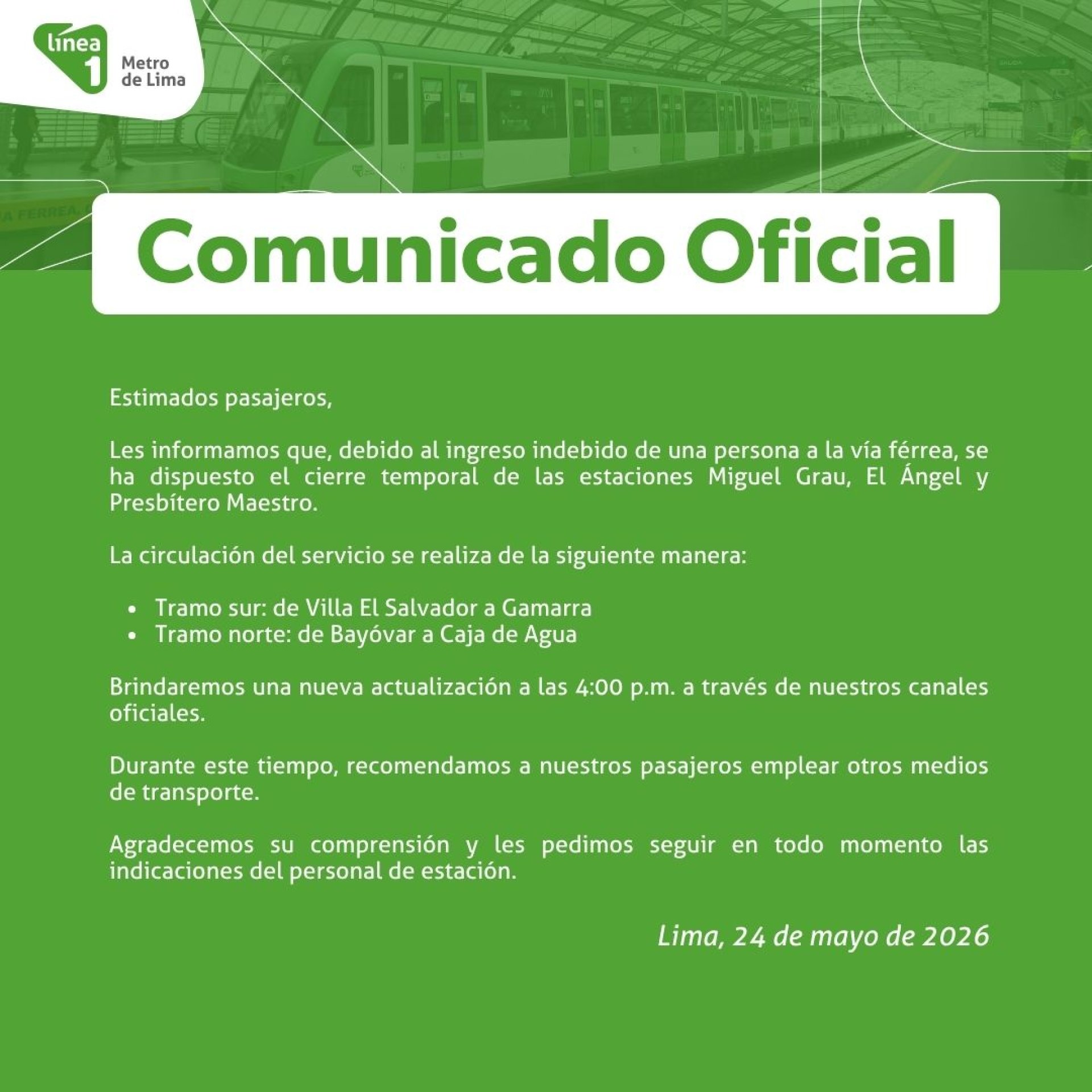 Comunicado de la L�nea 1 del Metro de Lima. Foto: difusi�n