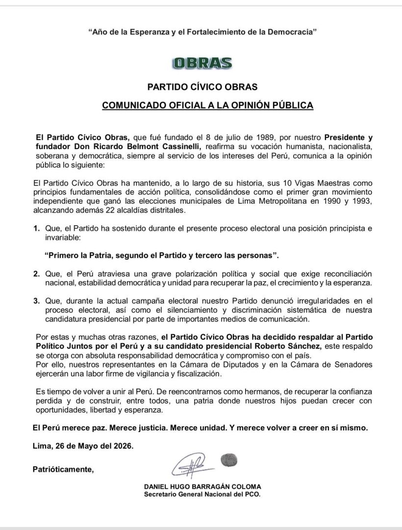 Comunicado del Partido Cívico Obras. Foto: difusión