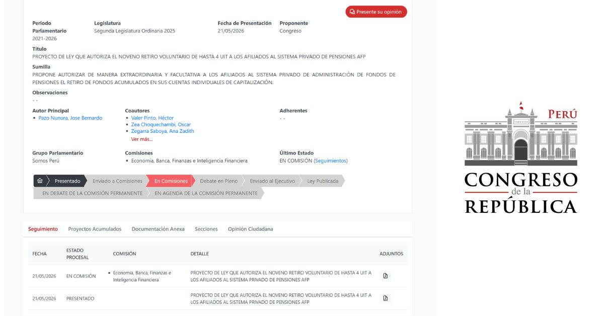 Proyecto de ley presentado en la página web del Congreso de la República