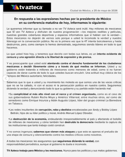 Comunicado de TV Azteca.