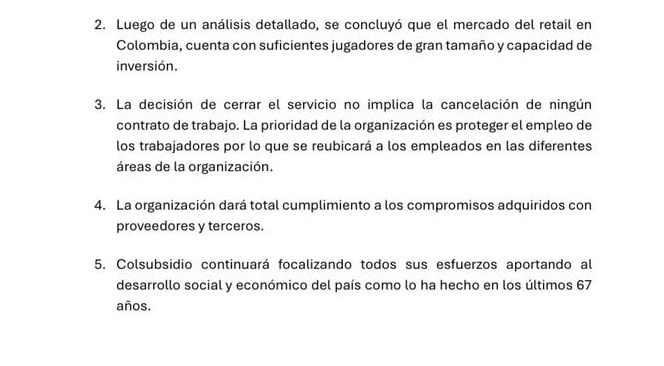 Comunicado de Colsubsidio.