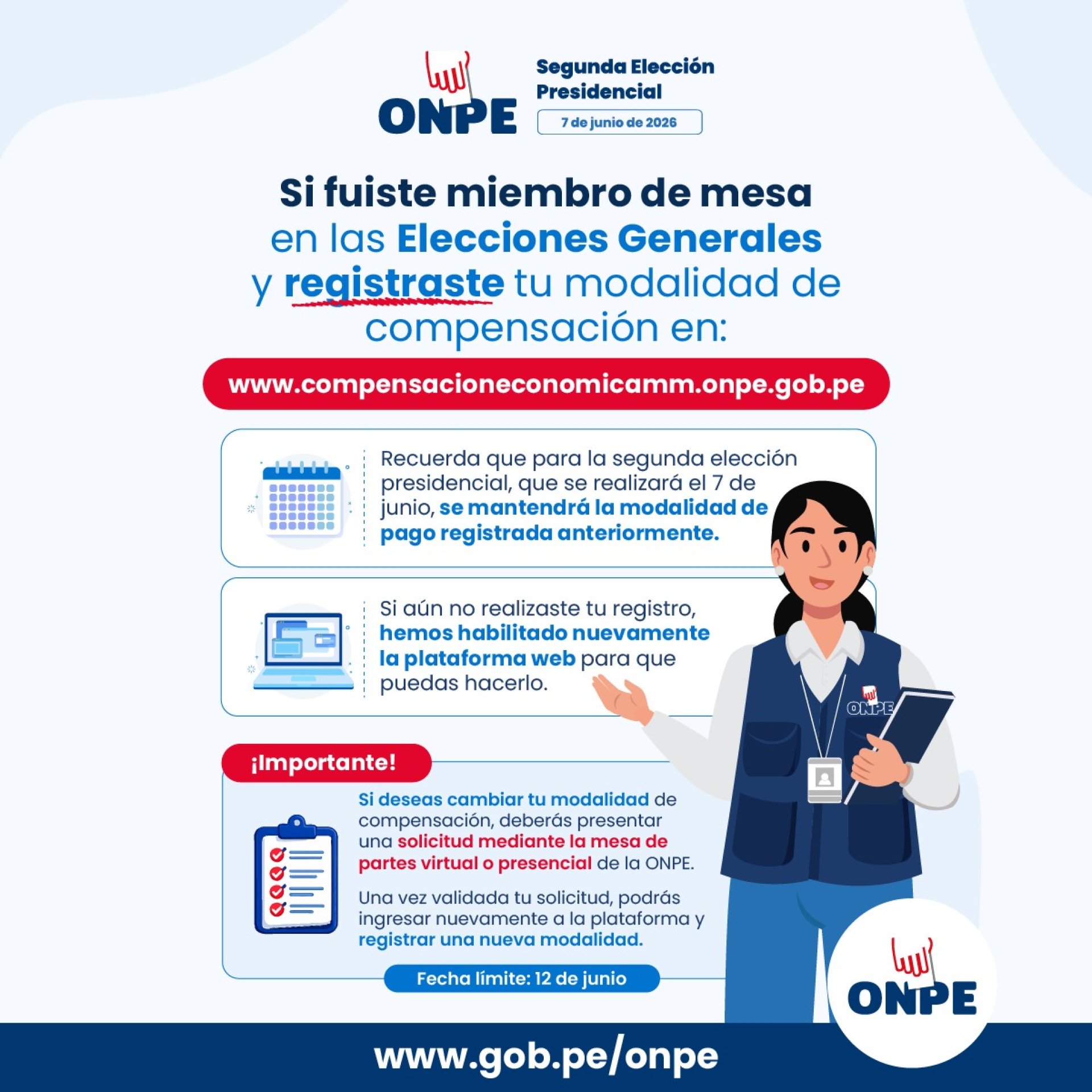 Comunicado de la ONPE sobre la modalidad de compensacion si fuiste designado miembro de mesa
