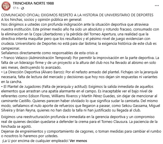 Trinchera Norte arremetió contra directiva y jugadores de Universitario.