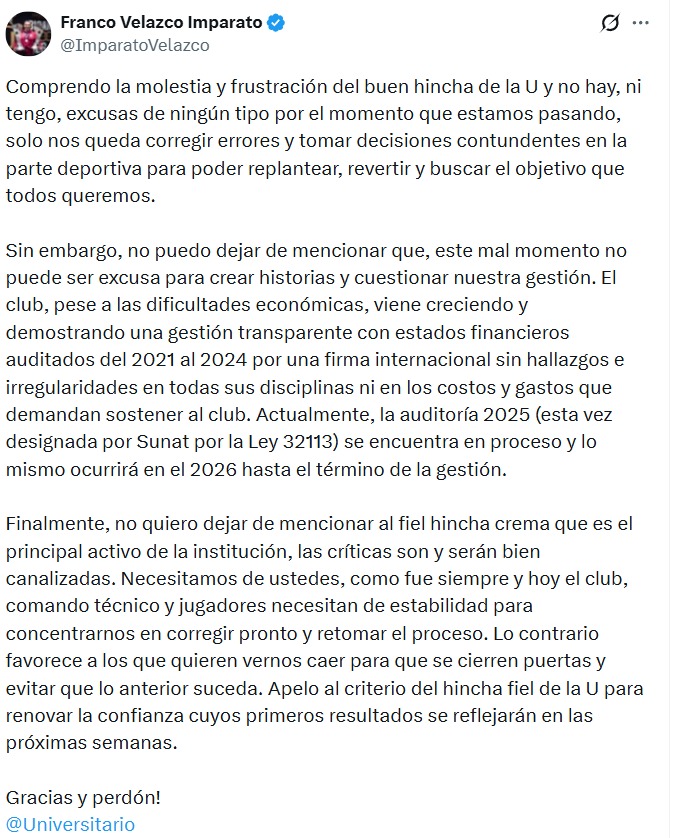 Administrador de la 'U' pide perdón a hinchas por crisis.