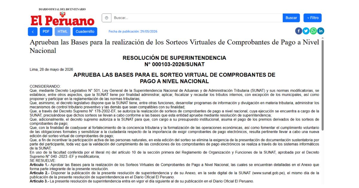 P�gina web del diario El Peruano en el que se difunde la resoluci�n de las bases del concurso virtual de la Sunat