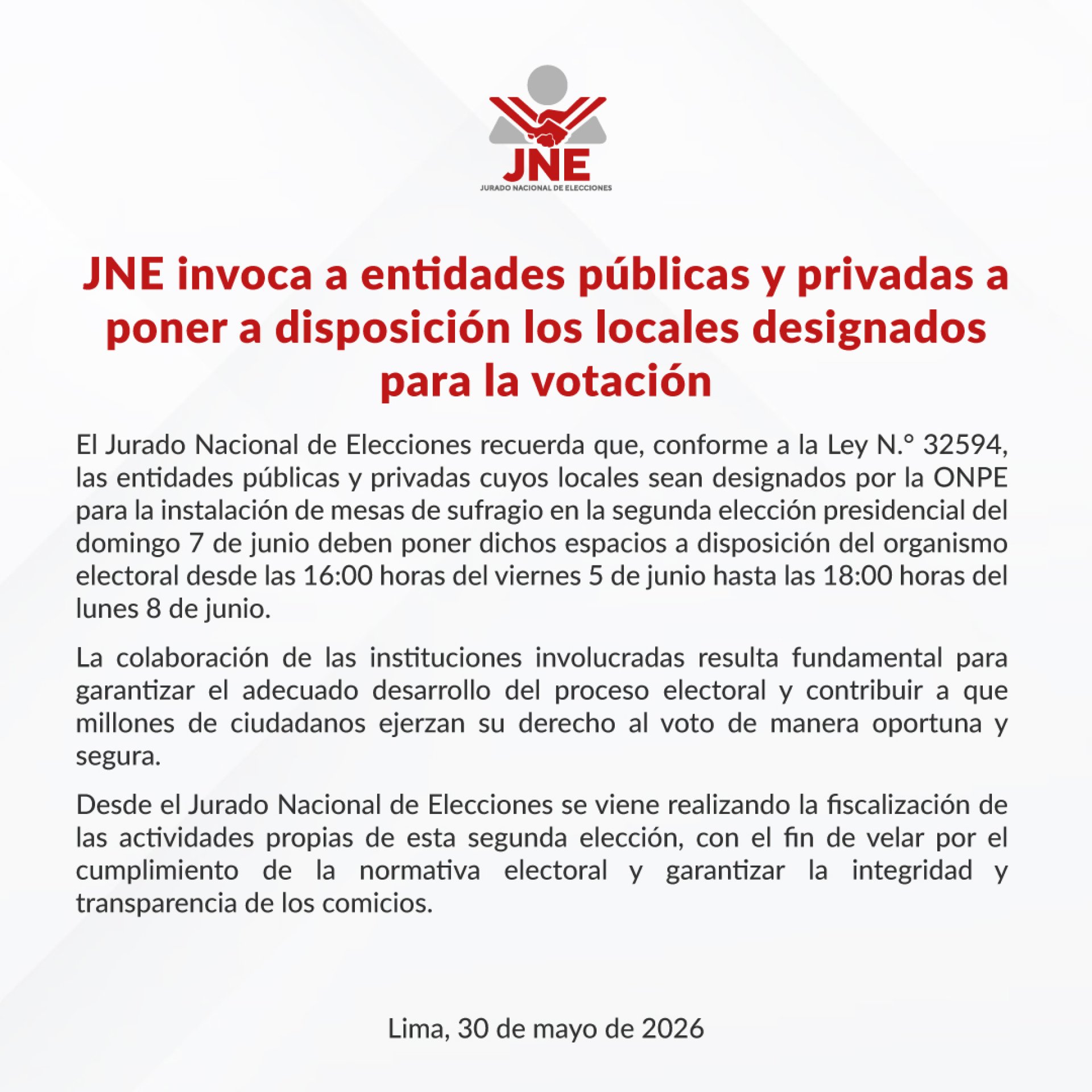 JNE exhort� a entidades habilitar locales de votaci�n