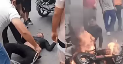 Vecinos capturan, golpean y queman motocicleta de ladr�n