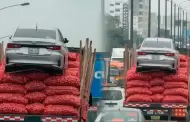 Camión se hace viral por trasladar un auto sobre costales de cebolla en la Panamericana Norte