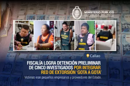 Fiscal�a consigue la detenci�n de cinco investigados por extorsi�n 'gota a gota'
