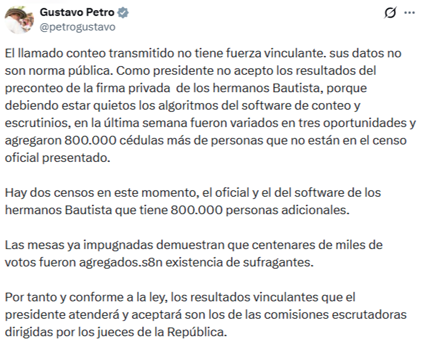 Gustavo Petro no acepta resultados de elecciones en Colombia