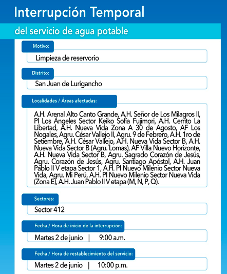 Corte de ague en SJL el 2 de mayo.