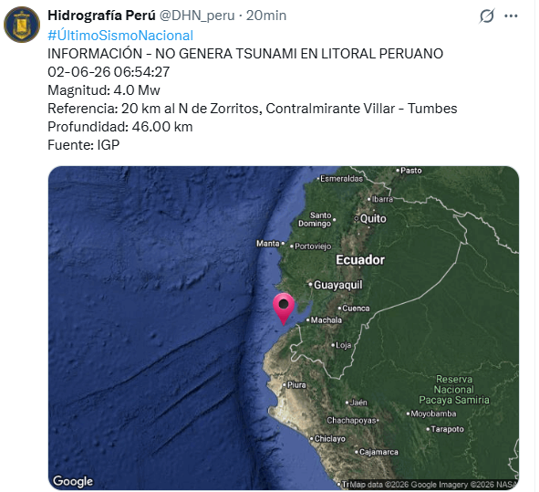 Sismo de magnitud 4.0 en Tumbes no genera alerta de tsunami en Perú.