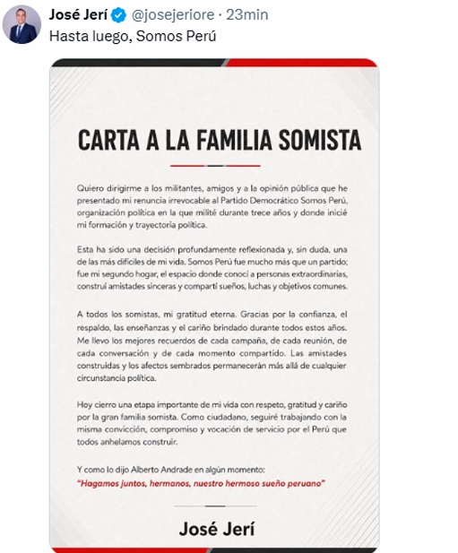 Renuncia irrevocable de José Jerí a Somos Perú.