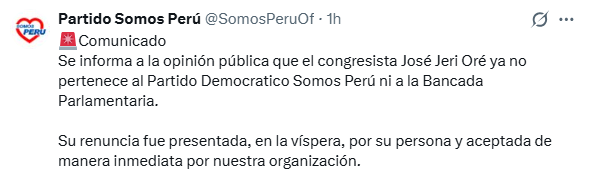 Somos Perú aceptó renuncia de José Jerí a la bancada parlamentaria.