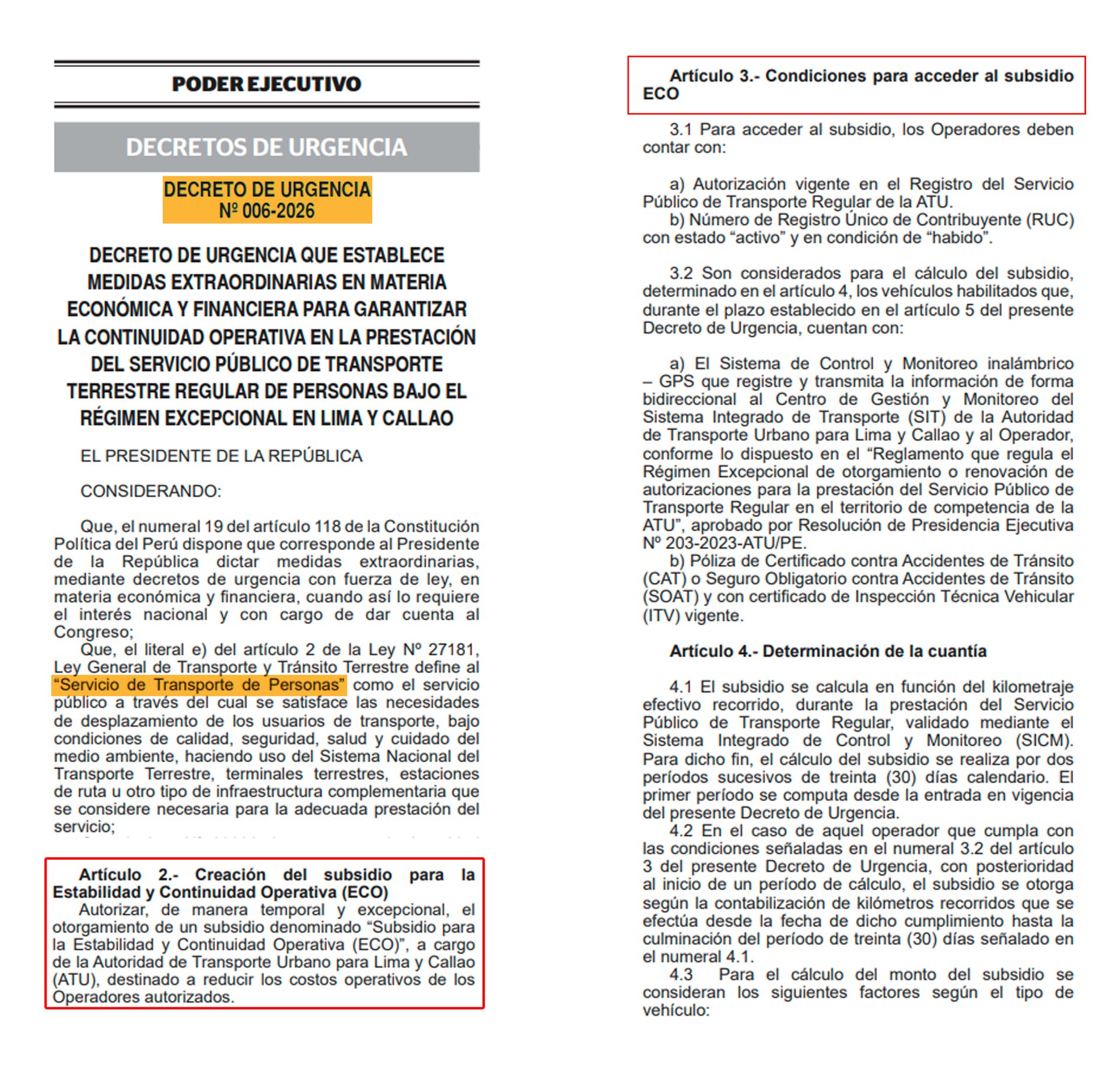 Decreto de Urgencia 006-2026 establece medidas para el transporte de personas