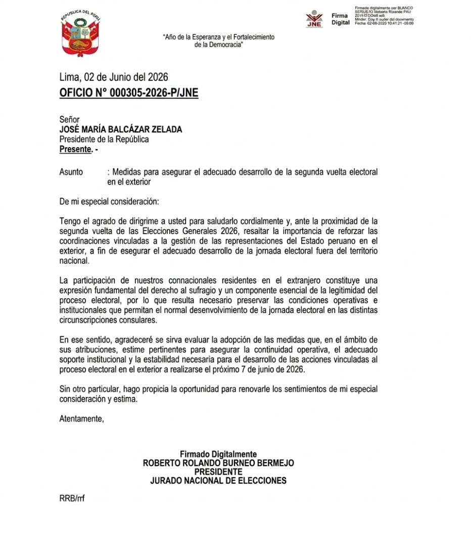 JNE pide garantías al Ejecutivo de cara a la segunda vuelta.