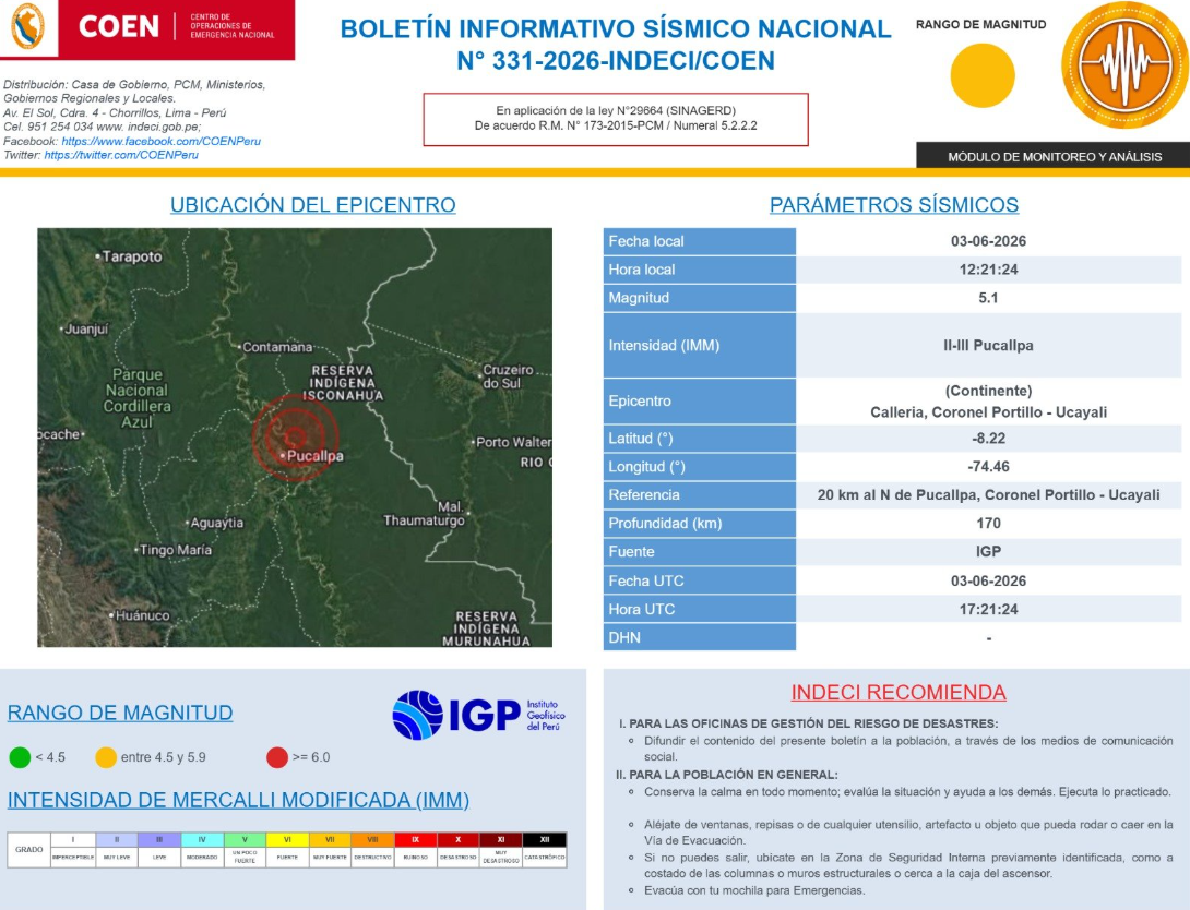 Epicentro del sismo en Ucayali, según el COEN-INDECI.