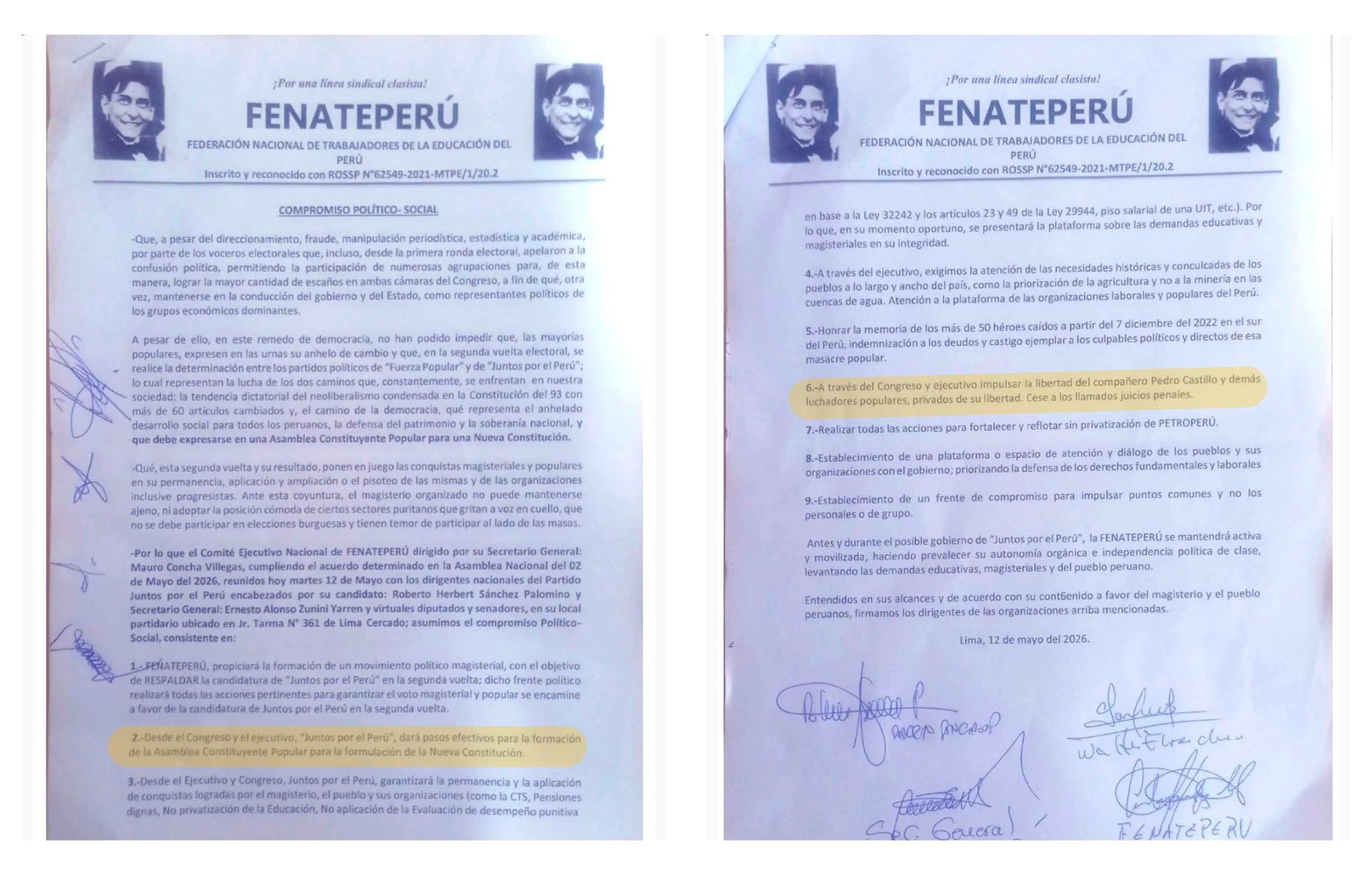 Acuerdo entre Sánchez y el Fenatep (Perú21)