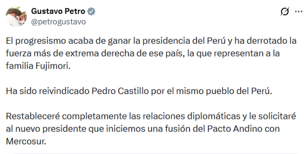 Publicación de Gustavo Petro en la que define a Sánchez como presidente de Perú
