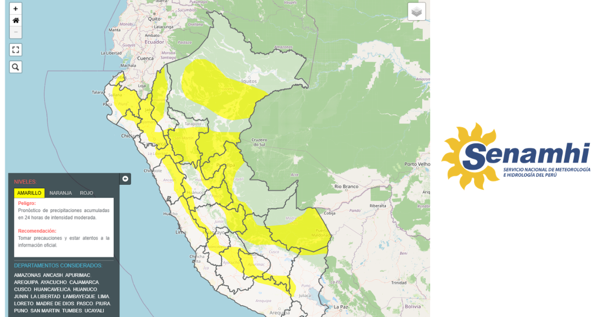 Mapa del aviso meteorológico en la página web del Senamhi
