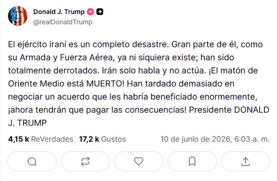 Publicación en Truth Social de Donald Trump
