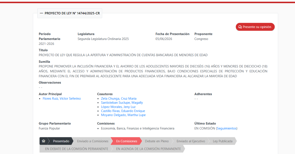 Proyecto de Ley que contempla la apertura y administración de cuentas bancarias de menores de edad