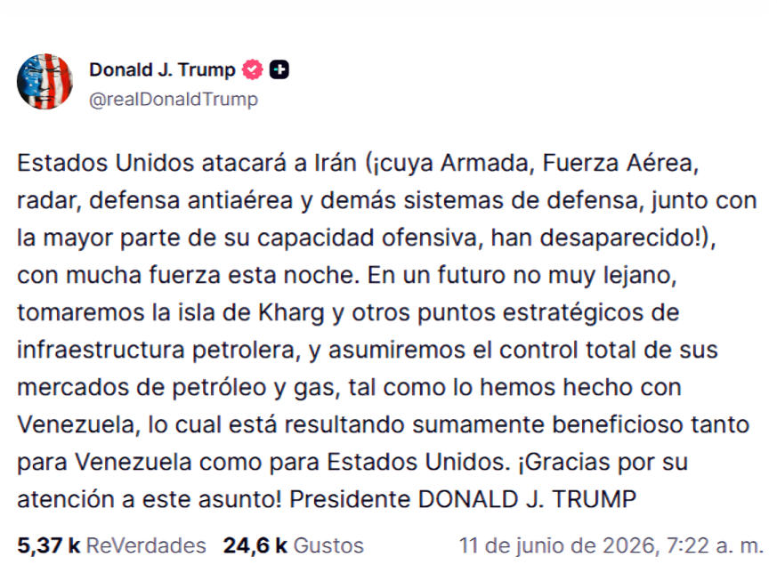 Publicación de Donald Trump en Truth Social en la que amenaza a Irán
