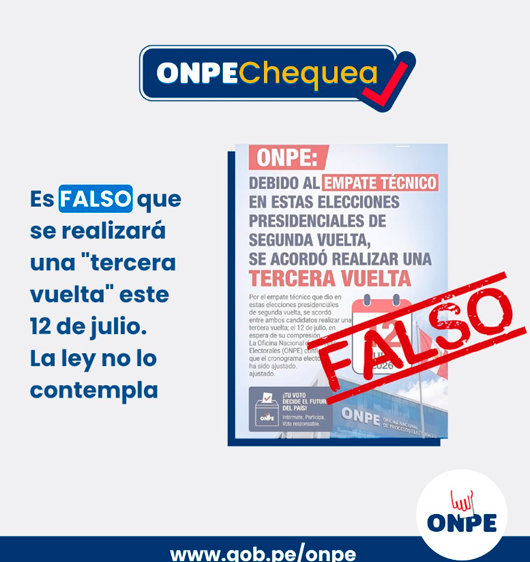ONPE desmiente tercera vuelta presidencial.