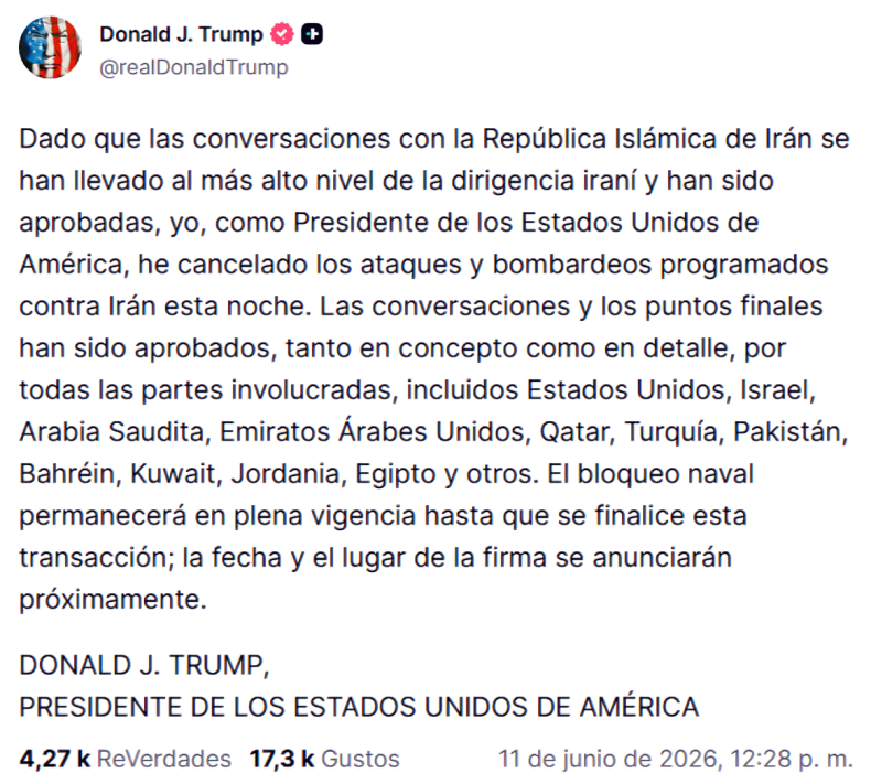 Publicación de Donald Trump en Truth Social