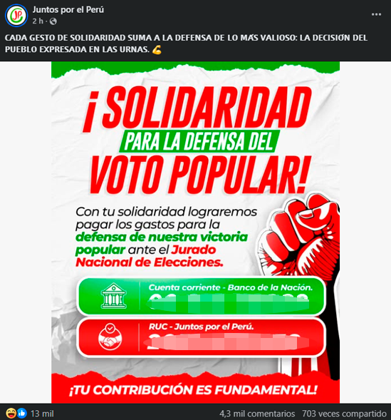 Juntos por el Perú pide apoyo económico para nulidad de actas electorales.