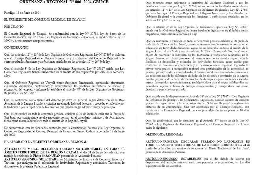 Ordenanza Regional N.° 004-2004-GRU-CR / Ordenanza Regional N.° 010-2009 GRL-CR.
