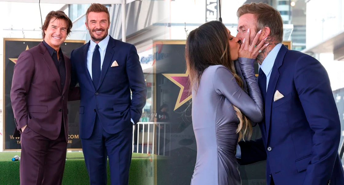 Tom Cruise acompa�� a David Beckham y la esposa del exfutbolista le dio un apasionado beso en el Paseo de la Fama de Hollywood.