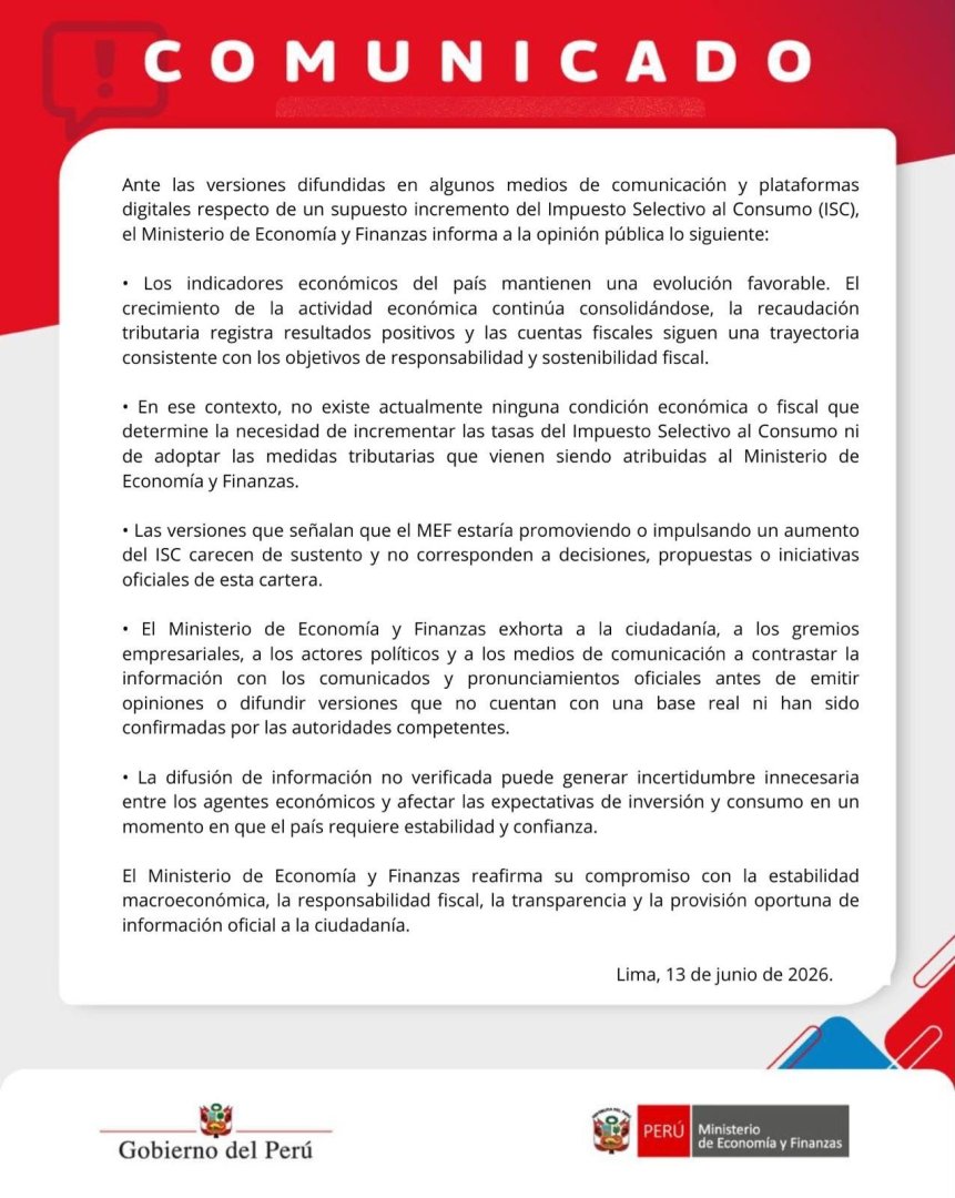 Comunicado del MEF en el que descarta incremento del