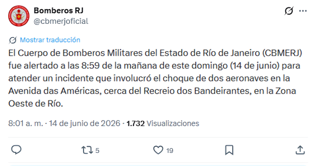 Reporte del accidente por parte del Cuerpo de Bomberos Militares del Estado de Río de Janeiro
