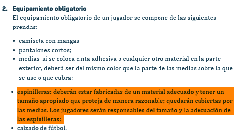 Reglamento obliga uso de espinilleras.